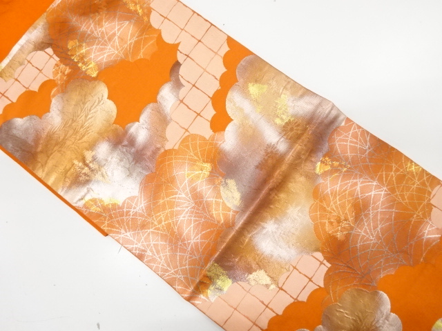 JAPANESE KIMONO / ANTIQUE NAGOYA OBI / SILK / WOVEN CLOUD & PLANTS